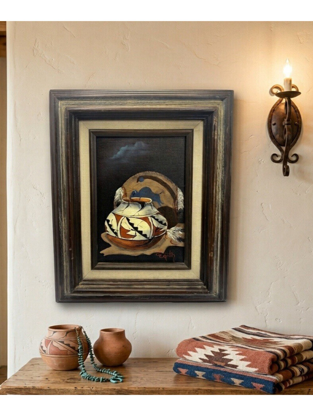 J Clartin (?) Southwest Native Pottery Still Life Framed Painting Signed